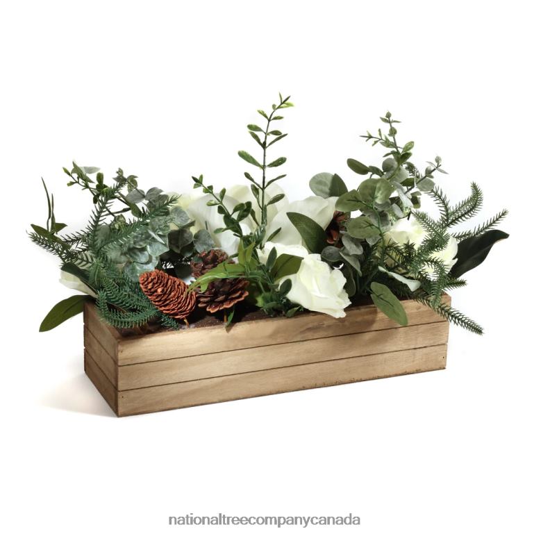 National Tree Company Mixed Greens and White Flowers Christmas Arrangement with Wood Box Base 23 in 68R08490