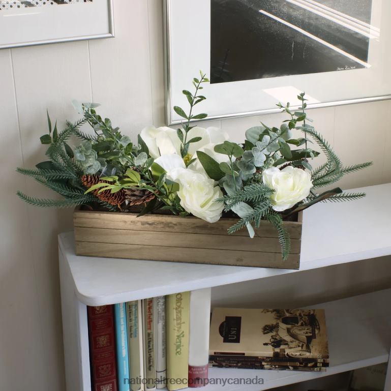 National Tree Company Mixed Greens and White Flowers Christmas Arrangement with Wood Box Base 23 in 68R08490
