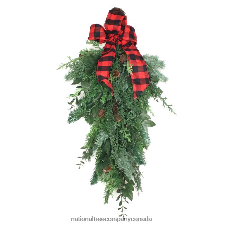 National Tree Company Mixed Pine Christmas Teardrop with Plaid Bow Pinecones 30 in 68R08487