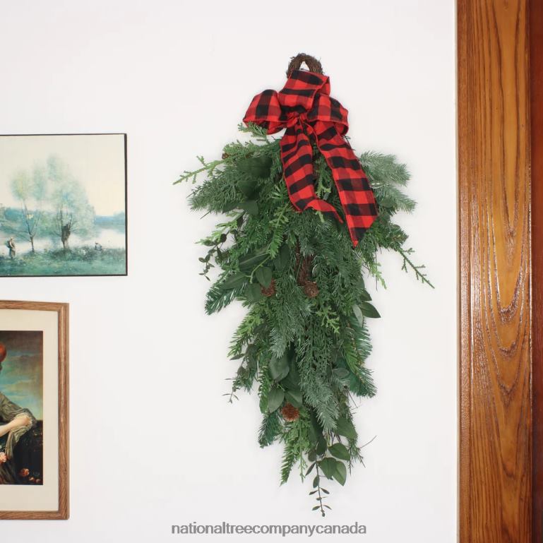 National Tree Company Mixed Pine Christmas Teardrop with Plaid Bow Pinecones 30 in 68R08487