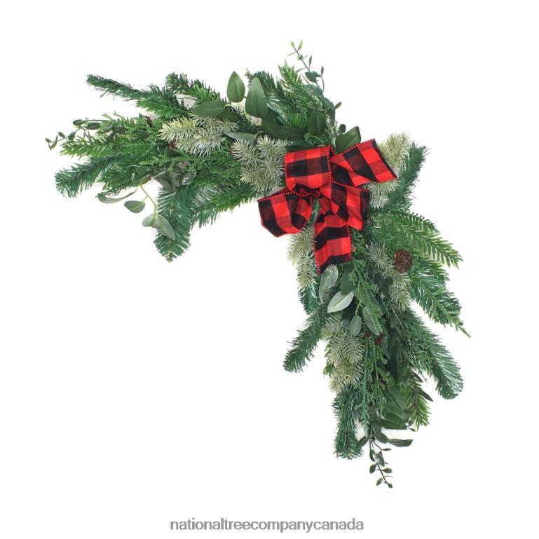 National Tree Company Mixed Pine and Bow Christmas Corner Swags with Plaid Bow and Pinecones Set of Two 24 in 68R08511