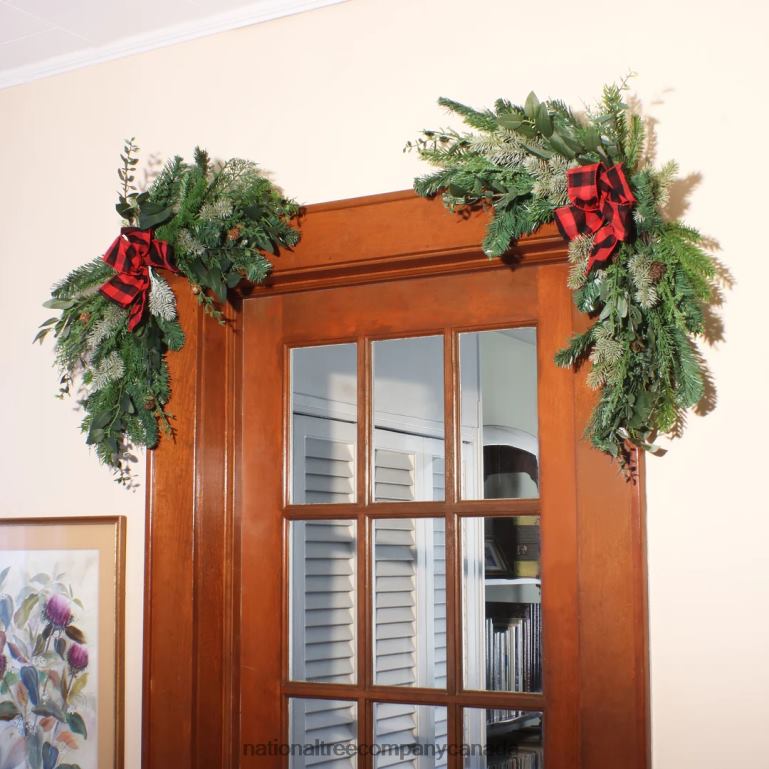 National Tree Company Mixed Pine and Bow Christmas Corner Swags with Plaid Bow and Pinecones Set of Two 24 in 68R08511