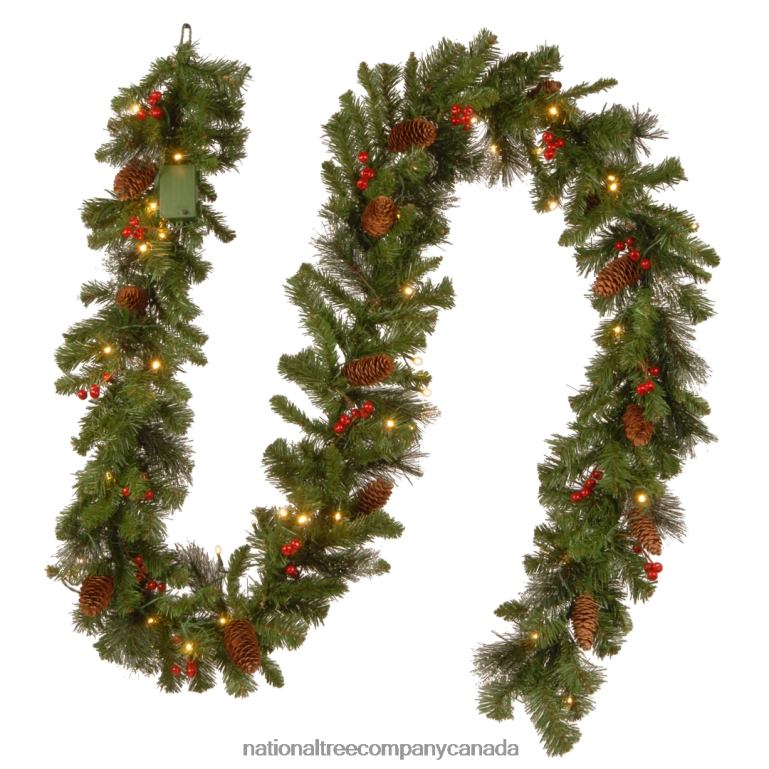 National Tree Company Pre-Lit Artificial Christmas Garland Green Crestwood Spruce White Lights Decorated with Pine Cones Berry Clusters Battery Operated Christmas Collection 9 Feet 68R08331