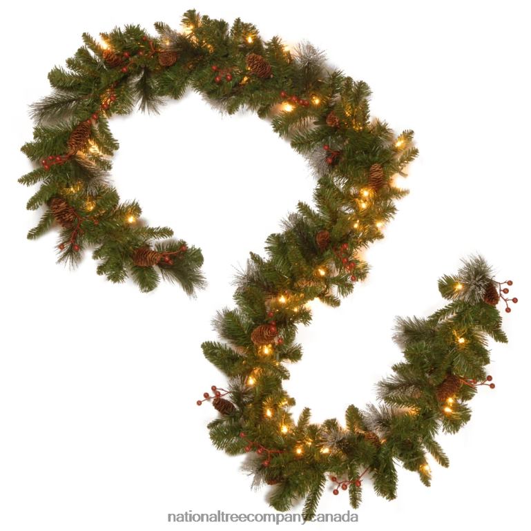 National Tree Company Pre-Lit Artificial Christmas Garland Green Crestwood Spruce White Lights Decorated with Pine Cones Berry Clusters Battery Operated Christmas Collection 9 Feet 68R08331