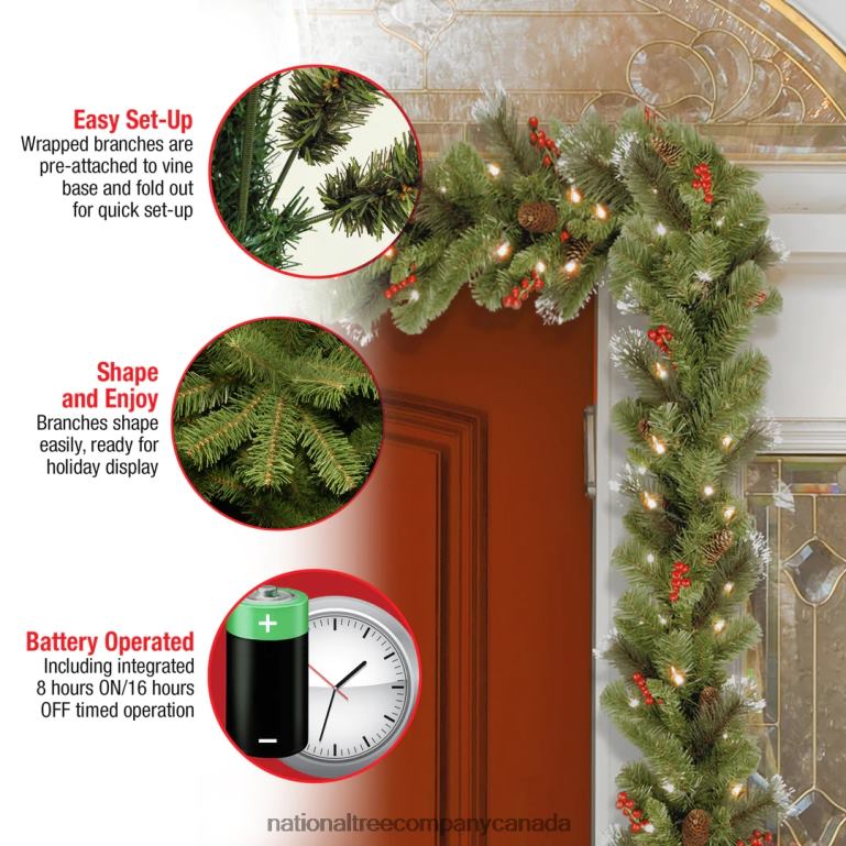 National Tree Company Pre-Lit Artificial Christmas Garland Green Crestwood Spruce White Lights Decorated with Pine Cones Berry Clusters Battery Operated Christmas Collection 9 Feet 68R08331