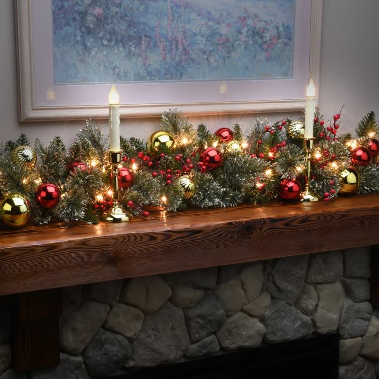 National Tree Company Pre-Lit Artificial Christmas Garland Green Dakota Pine White Lights Decorated With Ball Ornaments Berry Clusters Frosted Branches Plug In Christmas Collection 9 Feet 68R