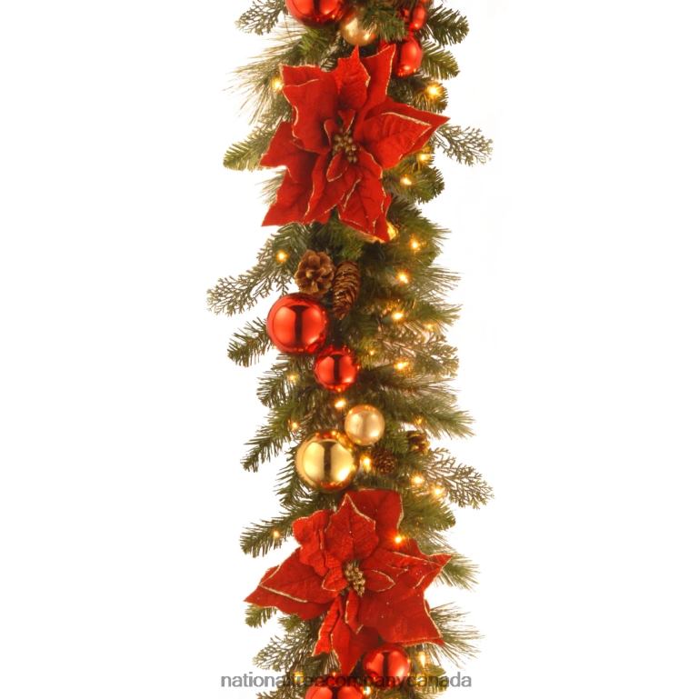 National Tree Company Pre-Lit Artificial Christmas Garland Green Evergreen White Lights Decorated With Pine Cones Ball Ornaments Poinsettia Flowers Plug In Christmas Collection 9 Feet 68R0836