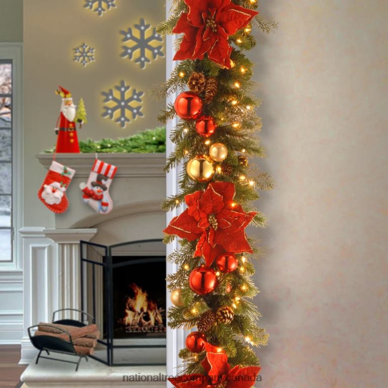 National Tree Company Pre-Lit Artificial Christmas Garland Green Evergreen White Lights Decorated With Pine Cones Ball Ornaments Poinsettia Flowers Plug In Christmas Collection 9 Feet 68R0836