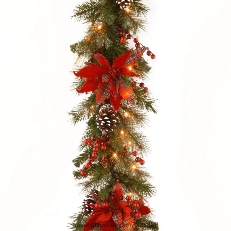 National Tree Company Pre-Lit Artificial Christmas Garland Green Evergreen White Lights Decorated With Plaid Bows Berry Clusters Pine Cones Plug In Christmas Collection 9 Feet 68R08426