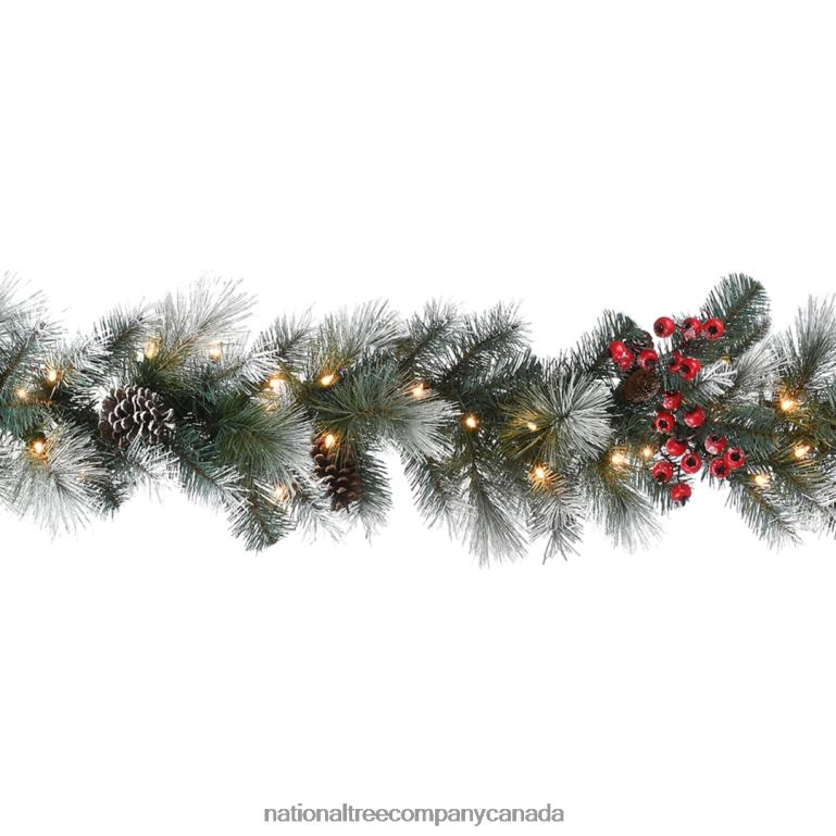 National Tree Company Pre-Lit Artificial Christmas Garland Green Glacier Pine White Lights Decorated With Pine Cones Berry Clusters Frosted Branches Plug In Christmas Collection 9 Feet 68R084