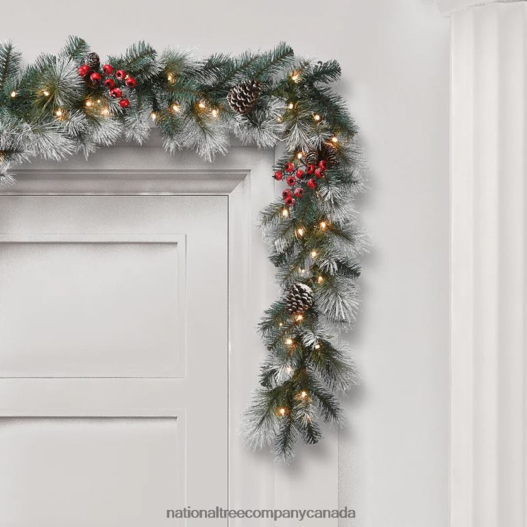 National Tree Company Pre-Lit Artificial Christmas Garland Green Glacier Pine White Lights Decorated With Pine Cones Berry Clusters Frosted Branches Plug In Christmas Collection 9 Feet 68R084