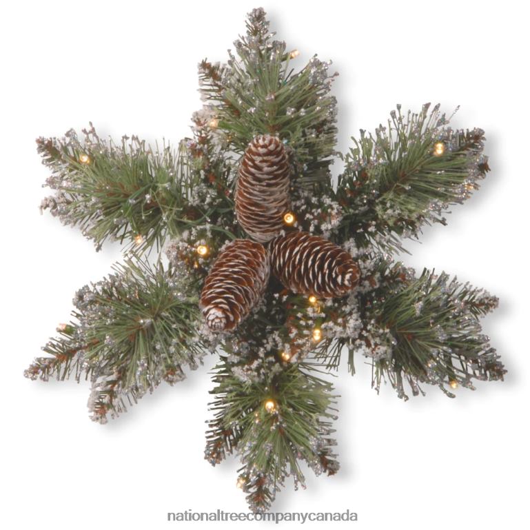 National Tree Company Pre-Lit Artificial Christmas Star Wreath Green Glittery Bristle Pine White Lights Decorated with Pine Cones Frosted Branches Christmas Collection 14 Inches 68R08443