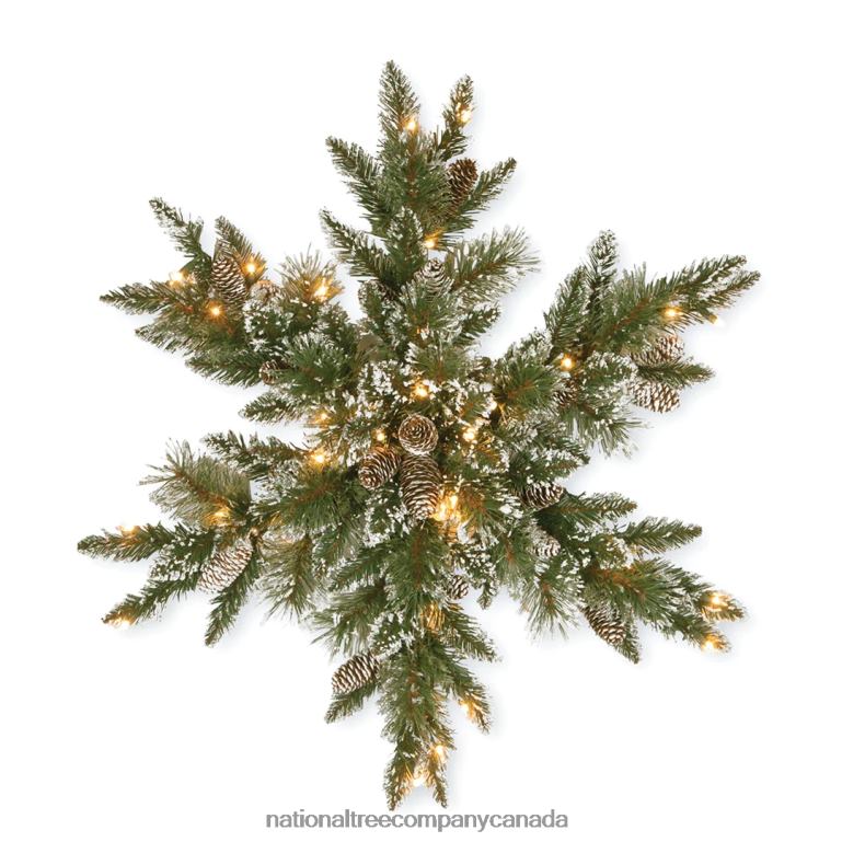 National Tree Company Pre-Lit Artificial Christmas Star Wreath Green Glittery Bristle Pine White Lights Decorated with Pine Cones Frosted Branches Christmas Collection 32 Inches 68R08440