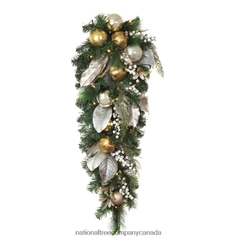 National Tree Company Pre-Lit Artificial Christmas Swag Yuletide Glam Gold Decorated Teardrop with Warm White LED Lights Battery Powered 36 in 68R08507