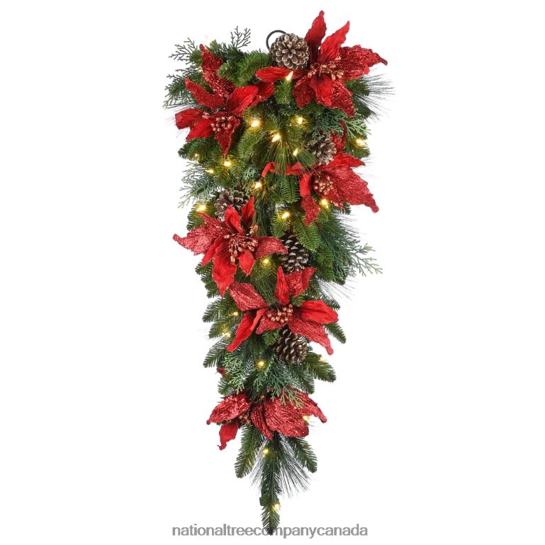 National Tree Company Pre-Lit Artificial Christmas Teardrop Green Evergreen White Lights Decorated with Pine Cones Poinsettia Flowers Christmas Collection 36 Inches 68R08477