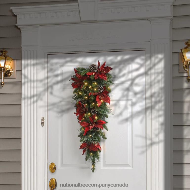 National Tree Company Pre-Lit Artificial Christmas Teardrop Green Evergreen White Lights Decorated with Pine Cones Poinsettia Flowers Christmas Collection 36 Inches 68R08477