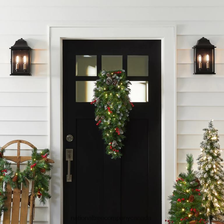 National Tree Company Pre-Lit Artificial Christmas Teardrop Green Frosted Berry White Lights Decorated with Pine Cones Berry Clusters Frosted Branches Christmas Collection 36 Inches 68R08438