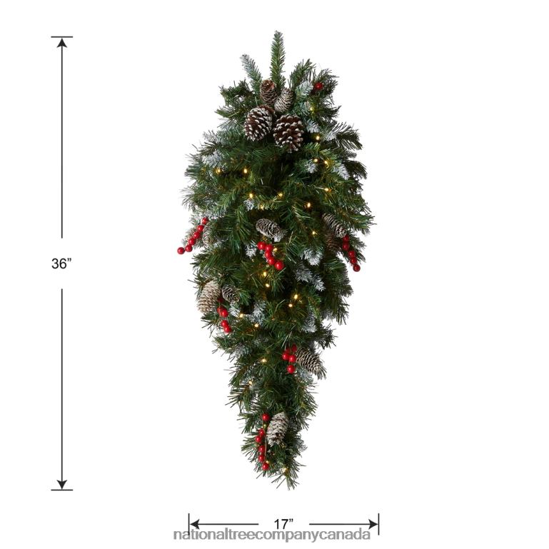 National Tree Company Pre-Lit Artificial Christmas Teardrop Green Frosted Berry White Lights Decorated with Pine Cones Berry Clusters Frosted Branches Christmas Collection 36 Inches 68R08438