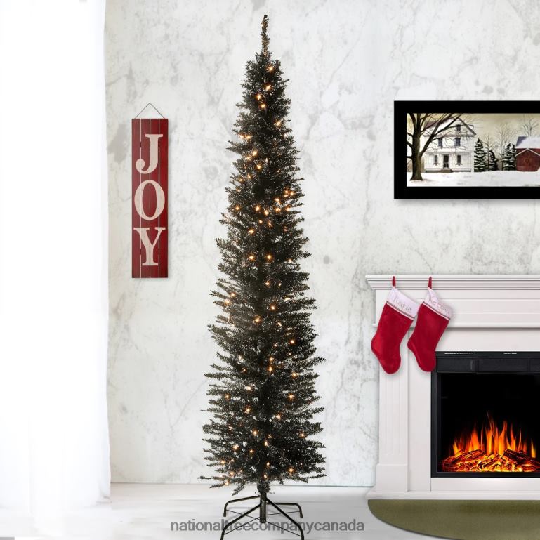 National Tree Company Pre-Lit Artificial Christmas Tree Black Tinsel White Lights Includes Stand 6 feet 68R08142