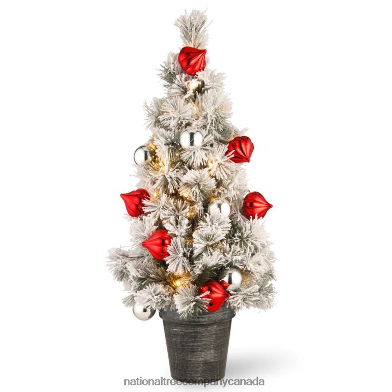 National Tree Company Pre-Lit Artificial Christmas Tree Green Snowy Bristle Pine White LED Lights Decorated with Pine Cones Ball Ornaments Includes Pot Base Battery Operated 3 Feet 68R0888