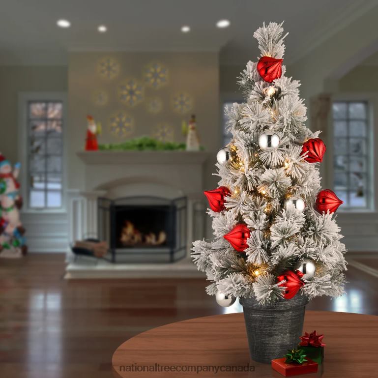 National Tree Company Pre-Lit Artificial Christmas Tree Green Snowy Bristle Pine White LED Lights Decorated with Pine Cones Ball Ornaments Includes Pot Base Battery Operated 3 Feet 68R0888