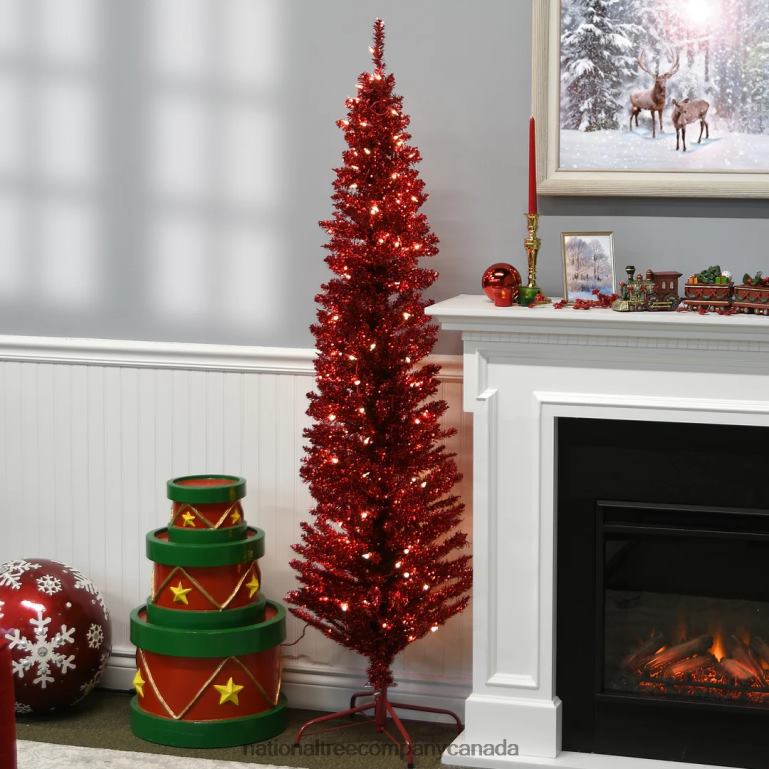 National Tree Company Pre-Lit Artificial Christmas Tree Red Tinsel White Lights Includes Stand 6 feet 68R0863