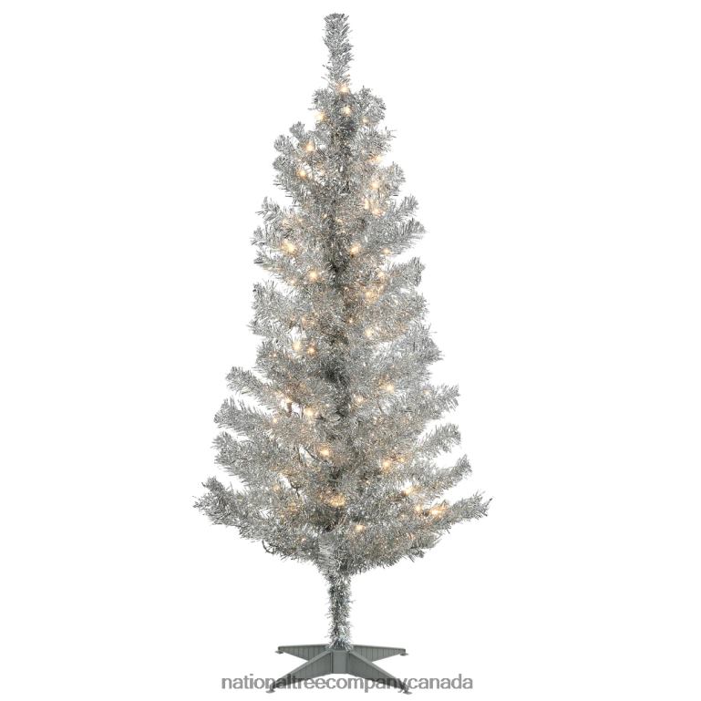 National Tree Company Pre-Lit Artificial Christmas Tree Silver Tinsel White Lights Includes Stand 4 feet 68R0870