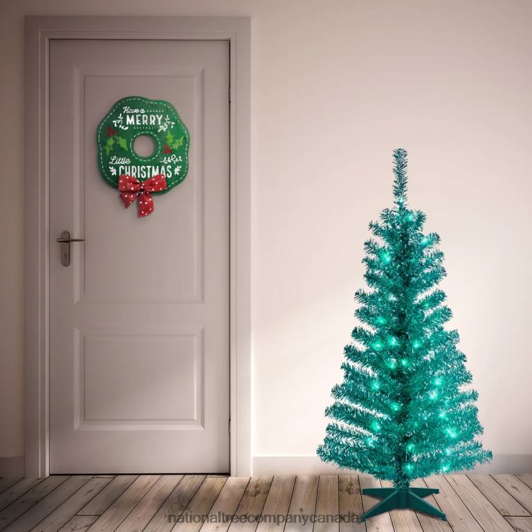 National Tree Company Pre-Lit Artificial Christmas Tree Silver Tinsel White Lights Includes Stand 4 feet 68R0870