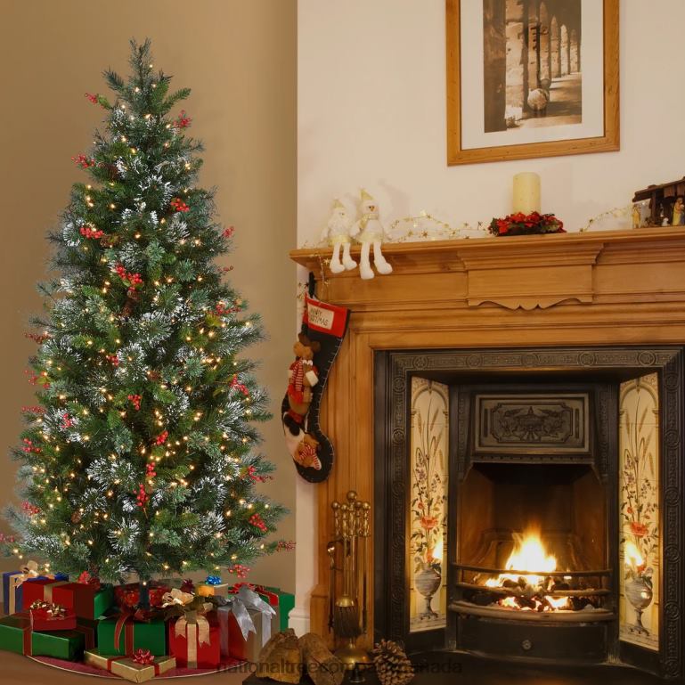 National Tree Company Pre-Lit Artificial Christmas Tree Wintry Pine Green White Lights Decorated with Pine Cones Berry Clusters Includes Stand 65 Feet 68R08197
