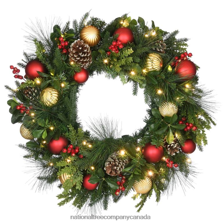 National Tree Company Pre-Lit Artificial Christmas Wreath Decorated Rural Homestead with Warm White LED Lights Battery Powered 28 in 68R08259
