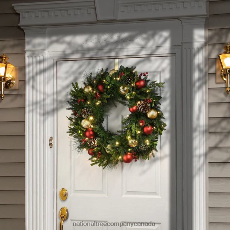 National Tree Company Pre-Lit Artificial Christmas Wreath Decorated Rural Homestead with Warm White LED Lights Battery Powered 28 in 68R08259