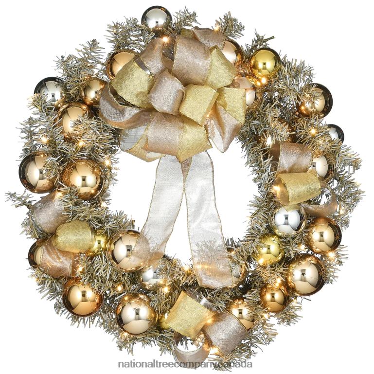National Tree Company Pre-Lit Artificial Christmas Wreath Gold Ornament Metallic with Warm White LED Lights Battery Powered 28 in 68R08267