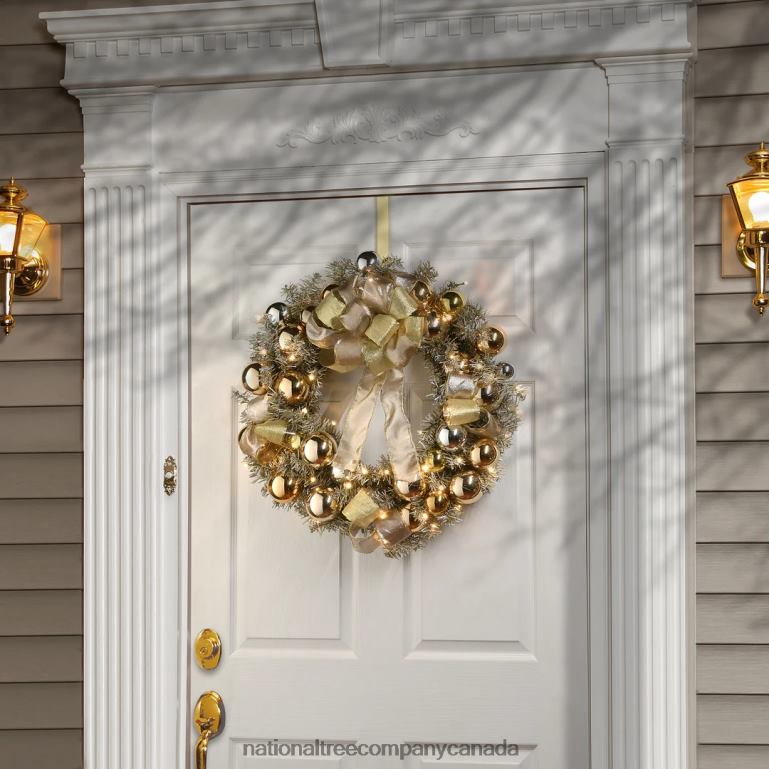 National Tree Company Pre-Lit Artificial Christmas Wreath Gold Ornament Metallic with Warm White LED Lights Battery Powered 28 in 68R08267
