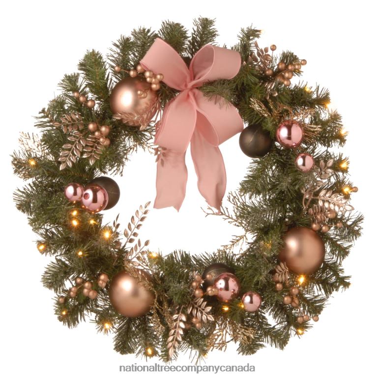 National Tree Company Pre-Lit Artificial Christmas Wreath Green Bristle Berry Pine White Lights Decorated with Ball Ornaments Pink Ribbon Bows Twigs Christmas Collection 28 Inches 68R08299
