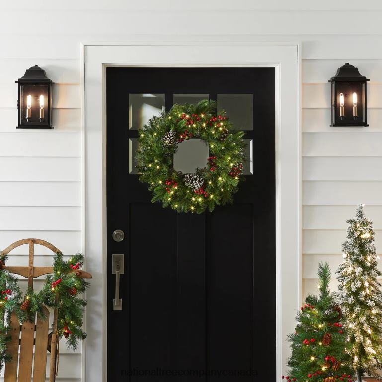 National Tree Company Pre-Lit Artificial Christmas Wreath Green Bristle Berry Pine White Lights Decorated with Frosted Branches Pine Cones Berry Clusters Christmas Collection 24 Inches 68R0822