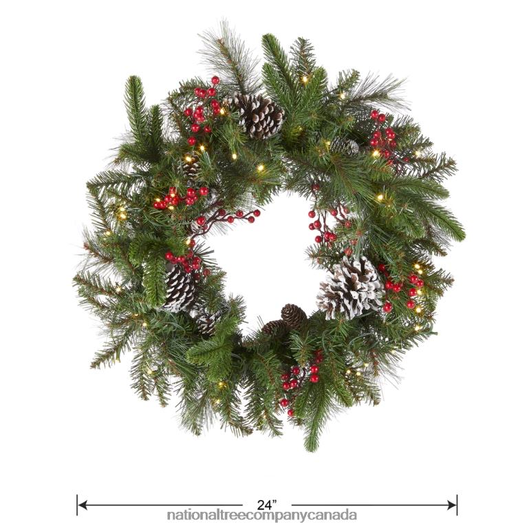 National Tree Company Pre-Lit Artificial Christmas Wreath Green Bristle Berry Pine White Lights Decorated with Frosted Branches Pine Cones Berry Clusters Christmas Collection 24 Inches 68R0822