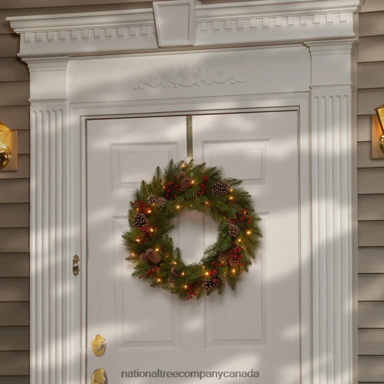 National Tree Company Pre-Lit Artificial Christmas Wreath Green Bristle Berry Pine White Lights Decorated with Frosted Branches Pine Cones Berry Clusters Christmas Collection 24 Inches 68R0822