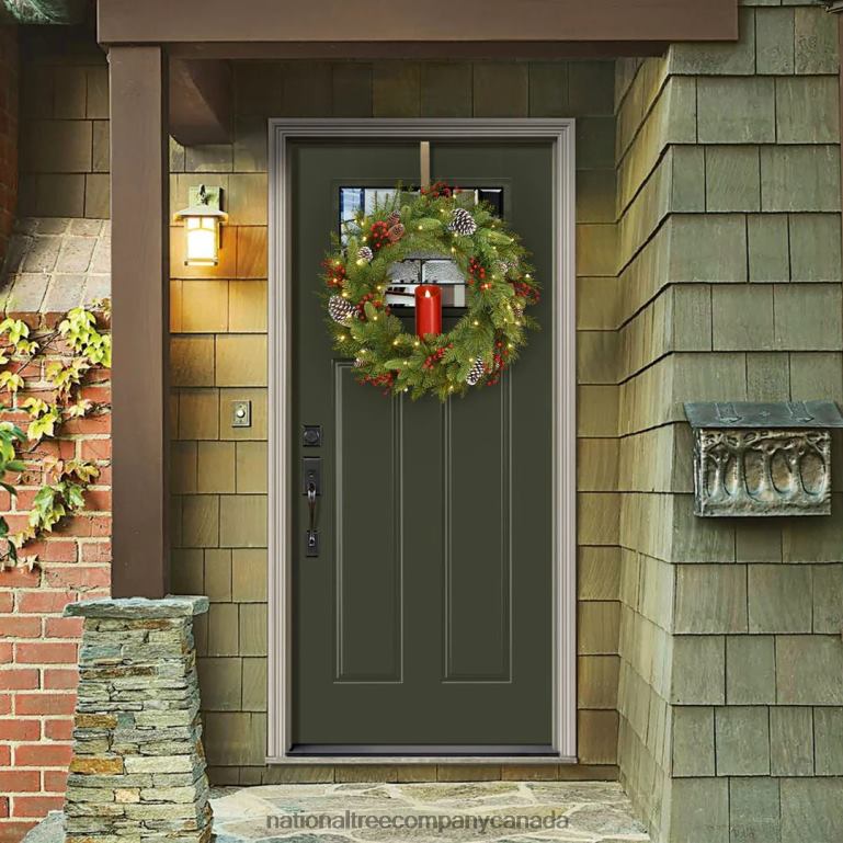 National Tree Company Pre-Lit Artificial Christmas Wreath Green Bristle Berry Pine White Lights Decorated with Frosted Branches Pine Cones Berry Clusters Christmas Collection 24 Inches 68R0823
