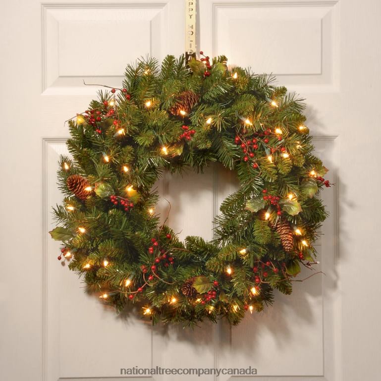 National Tree Company Pre-Lit Artificial Christmas Wreath Green Classical White Lights Decorated with Pine Cones Berry Clusters Leaves Twigs Christmas Collection 24 Inches 68R08234