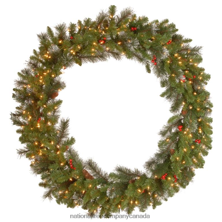 National Tree Company Pre-Lit Artificial Christmas Wreath Green Crestwood Spruce White Lights Decorated with Pine Cones Berry Clusters Christmas Collection 48 Inches 68R08285