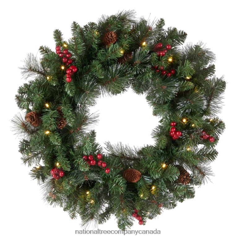 National Tree Company Pre-Lit Artificial Christmas Wreath Green Crestwood Spruce White Lights Decorated with Pine Cones Berry Clusters Frosted Branches Christmas Collection 24 Inches 68R08224