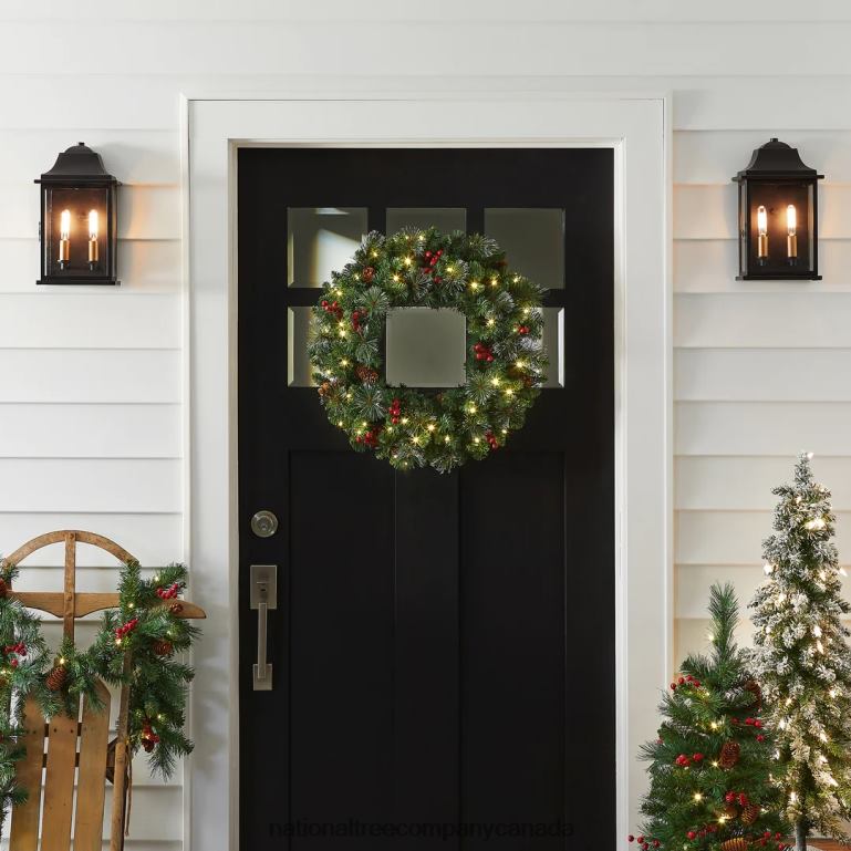 National Tree Company Pre-Lit Artificial Christmas Wreath Green Crestwood Spruce White Lights Decorated with Pine Cones Berry Clusters Frosted Branches Christmas Collection 24 Inches 68R08224