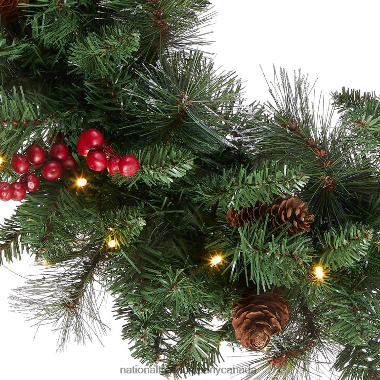 National Tree Company Pre-Lit Artificial Christmas Wreath Green Crestwood Spruce White Lights Decorated with Pine Cones Berry Clusters Frosted Branches Christmas Collection 24 Inches 68R08224