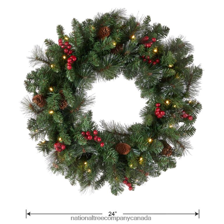 National Tree Company Pre-Lit Artificial Christmas Wreath Green Crestwood Spruce White Lights Decorated with Pine Cones Berry Clusters Frosted Branches Christmas Collection 24 Inches 68R08224
