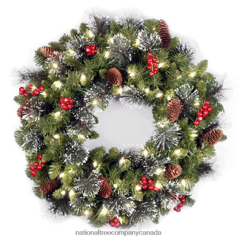 National Tree Company Pre-Lit Artificial Christmas Wreath Green Crestwood Spruce White Lights Decorated with Pine Cones Berry Clusters Frosted Branches Christmas Collection 24 Inches 68R08224
