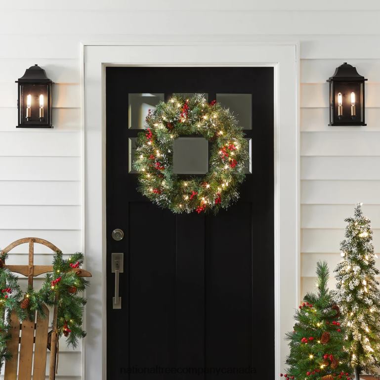 National Tree Company Pre-Lit Artificial Christmas Wreath Green Crestwood Spruce White Lights Decorated with Pine Cones Berry Clusters Frosted Branches Christmas Collection 24 Inches 68R08226