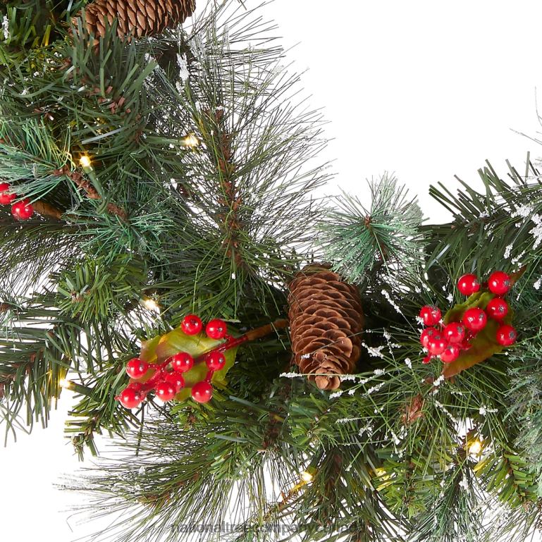 National Tree Company Pre-Lit Artificial Christmas Wreath Green Crestwood Spruce White Lights Decorated with Pine Cones Berry Clusters Frosted Branches Christmas Collection 24 Inches 68R08226