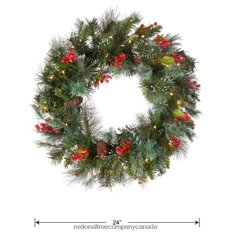 National Tree Company Pre-Lit Artificial Christmas Wreath Green Crestwood Spruce White Lights Decorated with Pine Cones Berry Clusters Frosted Branches Christmas Collection 24 Inches 68R08226