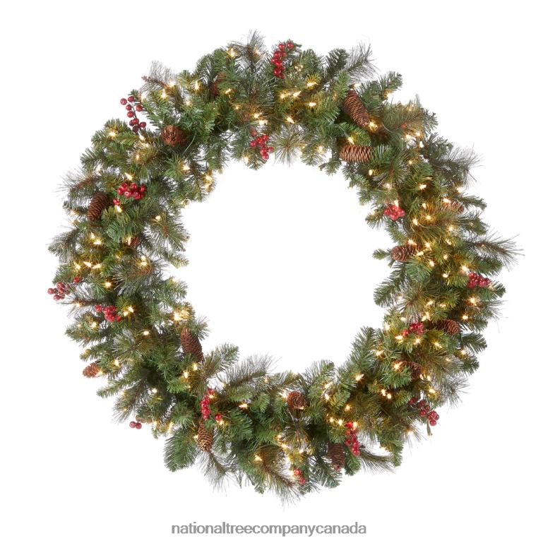 National Tree Company Pre-Lit Artificial Christmas Wreath Green Crestwood Spruce White Lights Decorated with Pine Cones Berry Clusters Frosted Branches Christmas Collection 36 Inches 68R08227