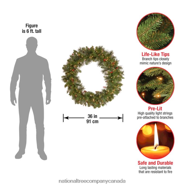 National Tree Company Pre-Lit Artificial Christmas Wreath Green Crestwood Spruce White Lights Decorated with Pine Cones Berry Clusters Frosted Branches Christmas Collection 36 Inches 68R08227